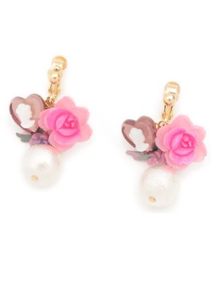 vintageハートカメオとコットンパールのイヤリング