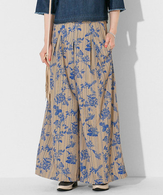 ストライプフラワープリントワイドパンツ