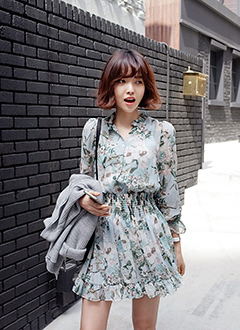 花柄ウエストシャーリングシフォンワンピース