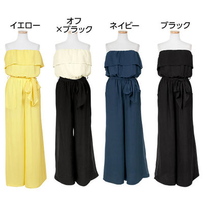 全4color!ベアトップ☆シフォンガウチョオールインワン/ロンパース/サロペット