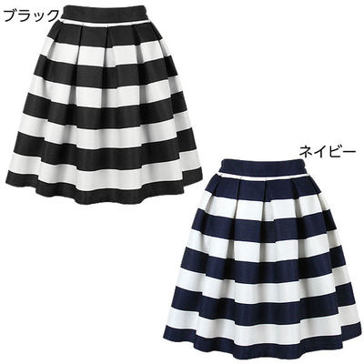 ウエストゴム☆タック入りボーダーフレアスカート