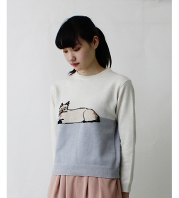 ラムアンゴラ　インターシャネコ柄　プルオーバー