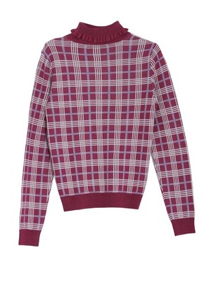 チェックフリルタートルニット