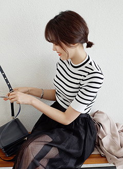 ボーダー半袖スリムニット・全3色・b44330