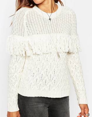 フリンジトリムケーブルニット