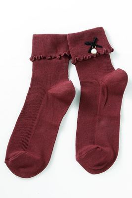 パールモチーフ付きベロアリボン折り返しソックス