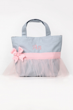 オリジナルお名前入れチュールトートバッグ（ブルーグレーXライトピンク）