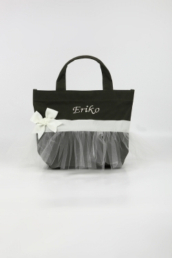 オリジナルお名前入れチュールトートバッグ（モスグリーンXクリーム）