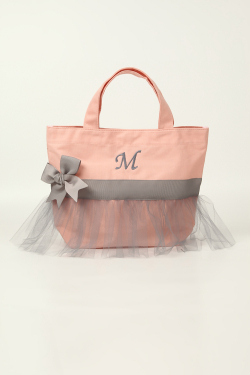 オリジナルお名前入れチュールトートバッグ（ローズピンクXグレー）