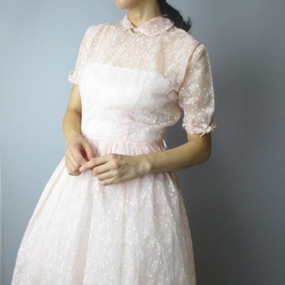 40'sヴィンテージハート柄シフォンドレス パール付 [sflh097]