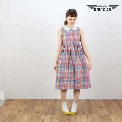 古着 ピンク チェック柄 前開き レース ノースリーブ 膝丈 ワンピース レディース ヴィンテージ 