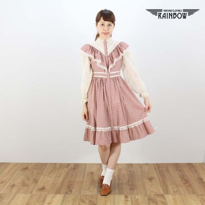 古着 ピンク くすみカラー 花柄 レース フリル 前開き 長袖 膝丈 ワンピース レディース ヴィンテージ 