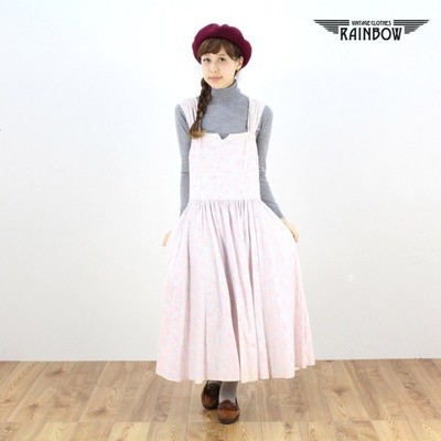 古着 ピンク 花柄 レース フリル コットン キャミソール ロング丈 ワンピース (GUNNE SAX ガニーサックス) レディース ヴィンテージ 