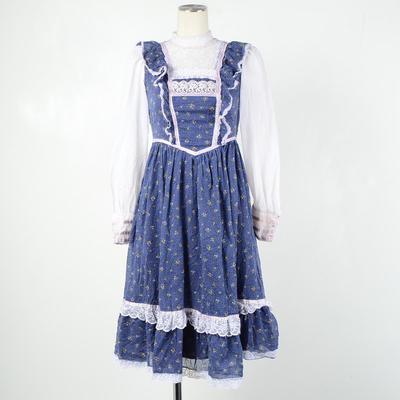 70年代 ガンネサックス ガニーサックス Jessica 花柄 ボトルネック フリル付き レース付き SCOVILLジップ フレアワンピース レディースS ヴィンテージ GUNNE SAX