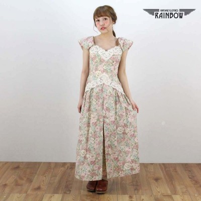 古着 ベージュ 花柄 キャミソール ロング丈 ワンピース レディース ヴィンテージ (otu1504563)