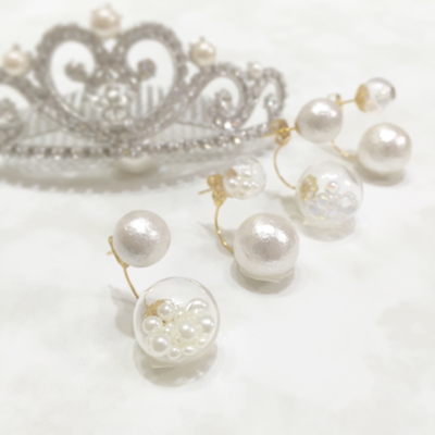 princess 2wayピアス＊コットンパール×ガラスドーム＊