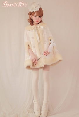 羊毛混リボン&ファー気品ポンチョコート