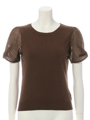 袖格子レースリボンニット