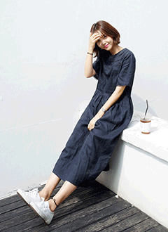 ラウンドミニレースリネンロングワンピース