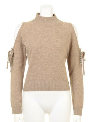 肩開きレースアップニット