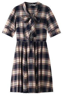 チェック半袖ボウタイワンピース