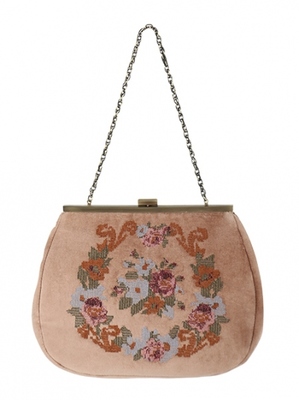 フラワー刺繍別珍ガマ口バッグ