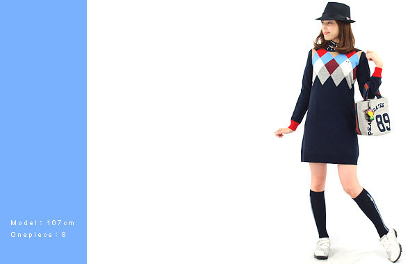 アーガイル長袖クルーニットワンピ