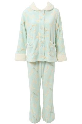 マイクロファイバーリボン柄長袖前開きパジャマ