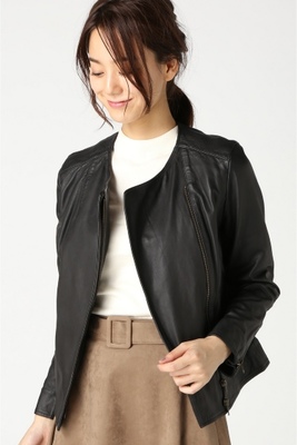 ラムレザーノーカラーライダースブルゾン