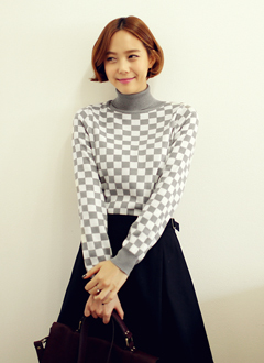 ハーリキンチェックパターンタートルネックトップス・全3色・b17772