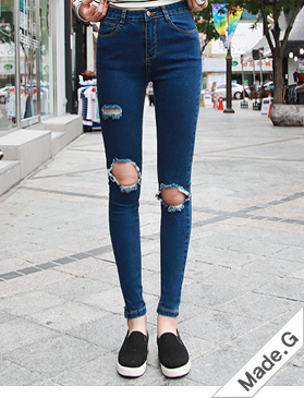 ダメージカットセミハイウエストスキニーデニム