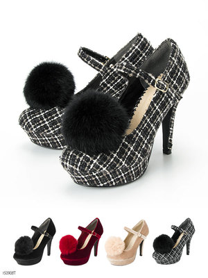 ベロアorツイード ボンボンファーチャーム 2WAY 11cmヒール ストラップパンプス|