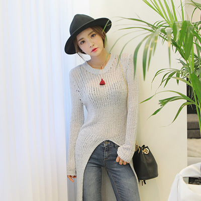 フロントスリットシースルーニットトップス