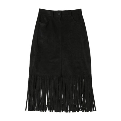 裾フリンジあしらいスエードスカート