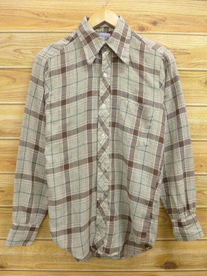 70年代薄ベージュ×こげ茶チェックシャツ