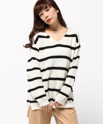 畦Vネックボーダーチュニック/ニット-2015AW-