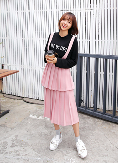 フロントティアードプリーツデザインミモレ丈スカート・全2色・t43095