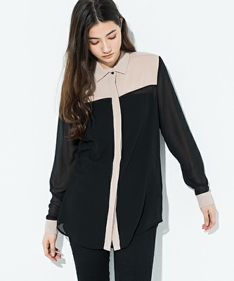 バイカラ―シフォン長袖シャツ