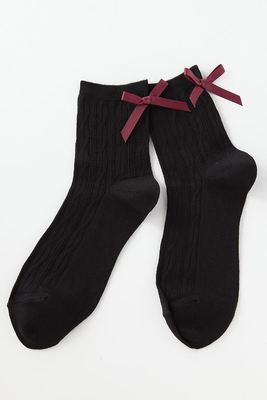 毛混バックリボン縄柄ソックス