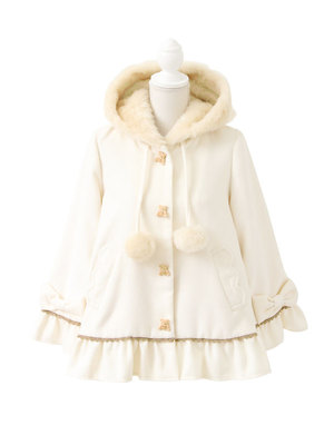 フェイクウールくま耳くまボタンくましっぽポンポンポンチョ風コート