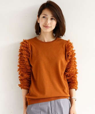BEAUTY&YOUTH WOMENS　袖フリンジ7分丈ニットプルオーバー