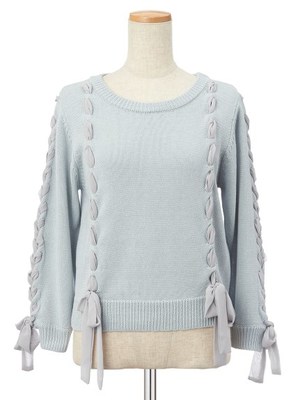 シフォンレースアップリボンニット