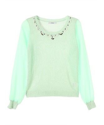 【2016S/S】袖シフォン切替ビジューニットトップス