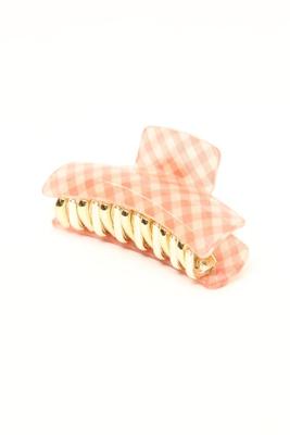 SalmonPink×White ギンガムチェック柄ヘアクリップ