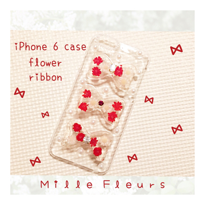 押し花リボン 赤 ビジューiPhoneケース