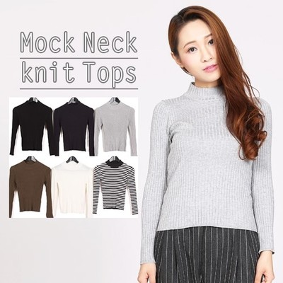 モックネックリブニット長袖トップス