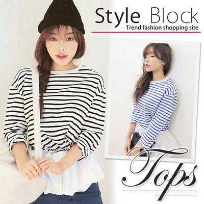 ボーダー切り替えぺプラム長袖トップスカットソー