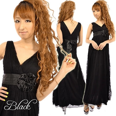 コサージュ付き総レースロングドレス