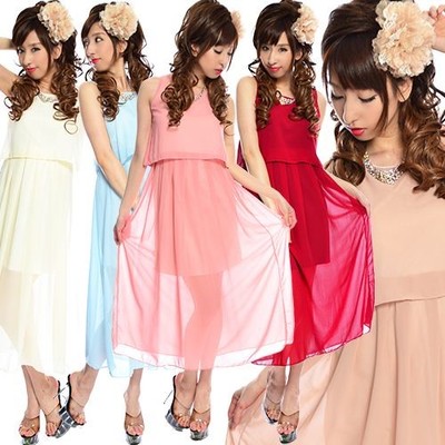 シフォンレイヤードタックノースリーブミディパーティードレス