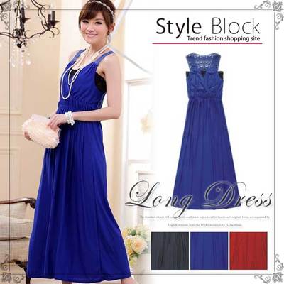 背中レース透かしVネックノースリーブロングパーティードレス